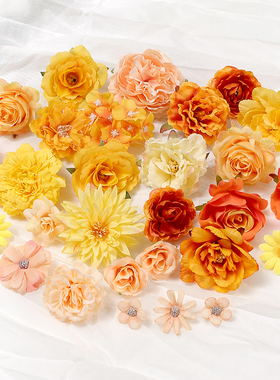 黄色系仿真花朵花束 diy手工材料婚庆装饰 玫瑰牡丹绣球假花绢花