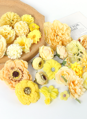 瑞琨仿真花艺 黄色系仿真花头 假花绢花DIY手工花环材料 簪花配件