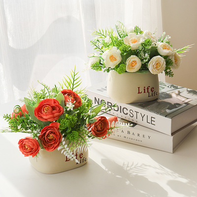 ins风陶瓷仿真牡丹玫瑰盆栽摆件
