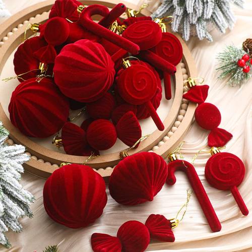 圣诞装饰品红色植绒圣诞树挂饰