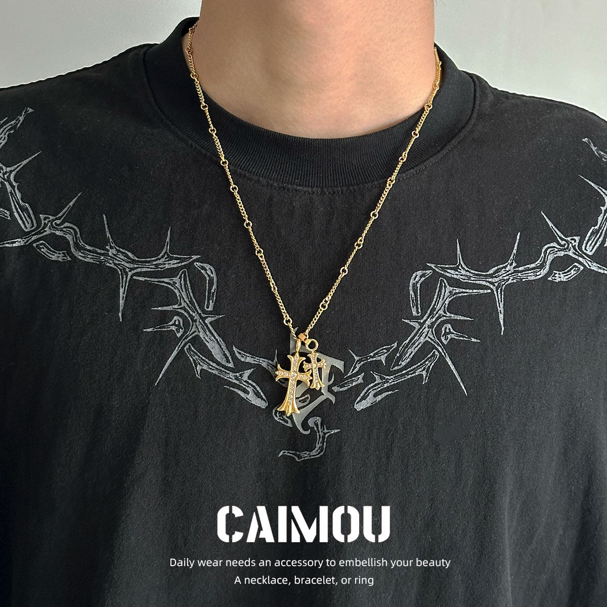 CAIMOU自律双十字架男生钛钢长项链金高级轻奢小众吊坠学生党饰品