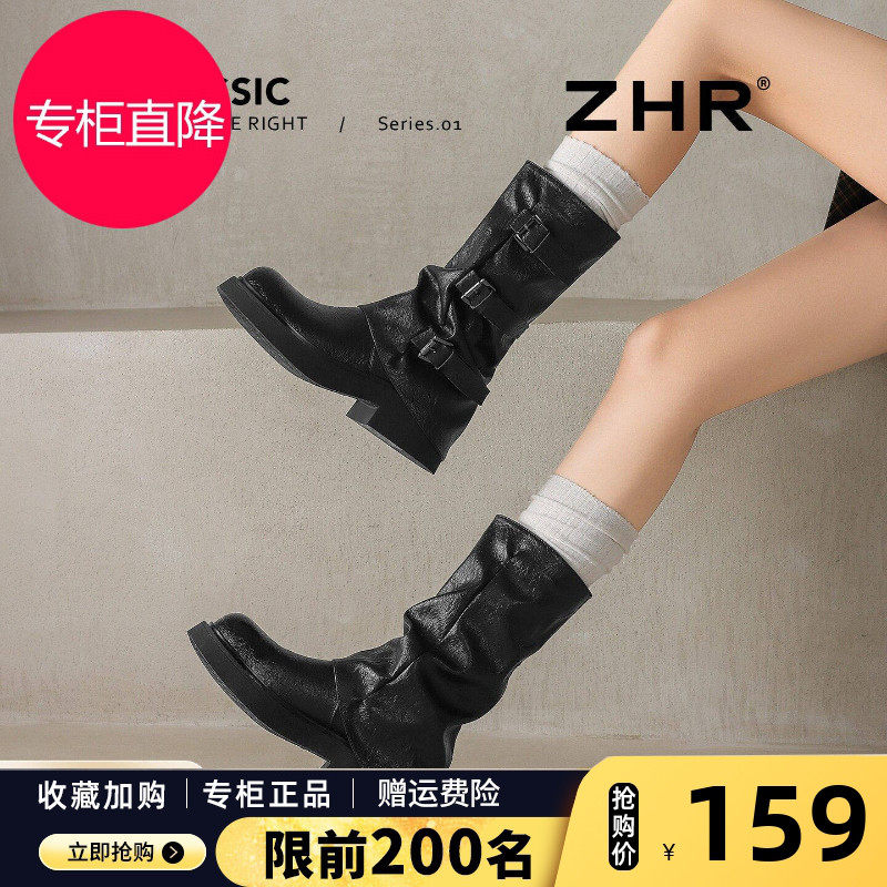 ZHR堆堆厚底短靴女2026新款增高机车黑色靴子中筒皮靴骑士靴女靴