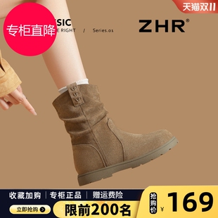 棕色勃肯短靴女2025新款冬复古美拉德西部牛仔堆堆靴子平底马丁靴