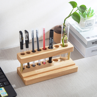 实木笔架多功能创意笔筒收纳盒轻奢高级感办公室桌面手机支架多孔
