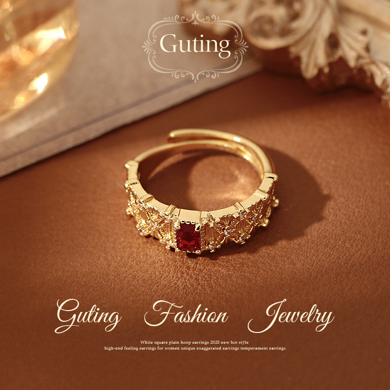 古婷复古沙金锆石花丝戒指高级感