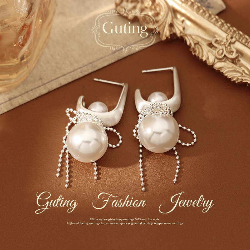 古婷银色珍珠蝴蝶结耳环高级感