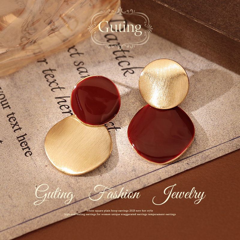 古婷红色金色拉丝圆形片片耳环女2025新款爆款高级感耳饰小众耳钉