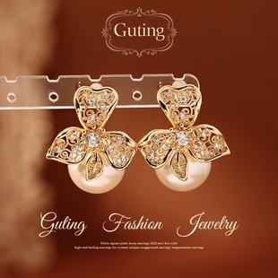 古婷金色微镶花朵珍珠耳环女高级感轻奢新年耳饰2026新款爆款耳钉