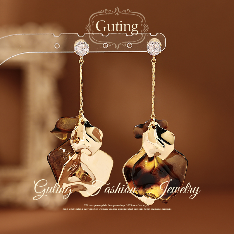 古婷金色长款琥珀花瓣流苏耳坠耳环女高级感轻奢耳饰独特漂亮耳钉