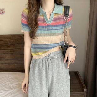 翻领彩虹条纹纯欲t恤女修身 法式 polo衫 夏季 显瘦冰丝针织上衣 新款