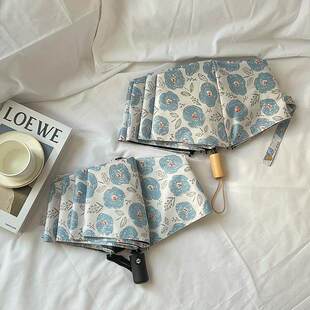 日韩款蓝色小花自动雨伞黑胶晴雨两用防晒防紫外线折叠便携遮阳伞