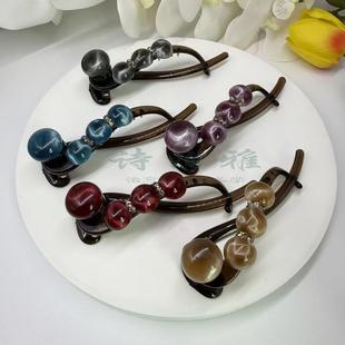 新款 高级水钻珠珠发卡低马尾盘发半扎扭扭夹复古简约一字发抓发夹