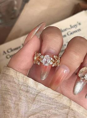 Vintage复古法式鸢尾花鸽子蛋戒指轻奢重工满钻指环2025新款爆款