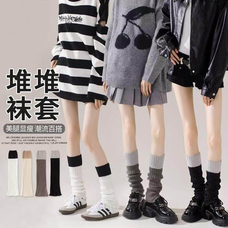 日式针织羊毛袜套女款春秋冬毛线腿套堆堆袜灰色保暖小腿袜子Y2K