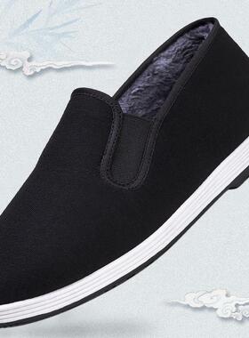 秋冬老北京布鞋加绒加厚二棉鞋男牛筋底工作开车保暖全黑色一脚蹬