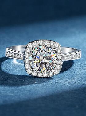 s925纯银女款戒指小方糖方包50分1克拉2ct莫桑石戒指婚戒直播货源