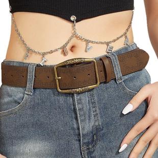 复古文艺民族风做旧质感印花腰带棕色个性 青古铜扣压花百搭腰带