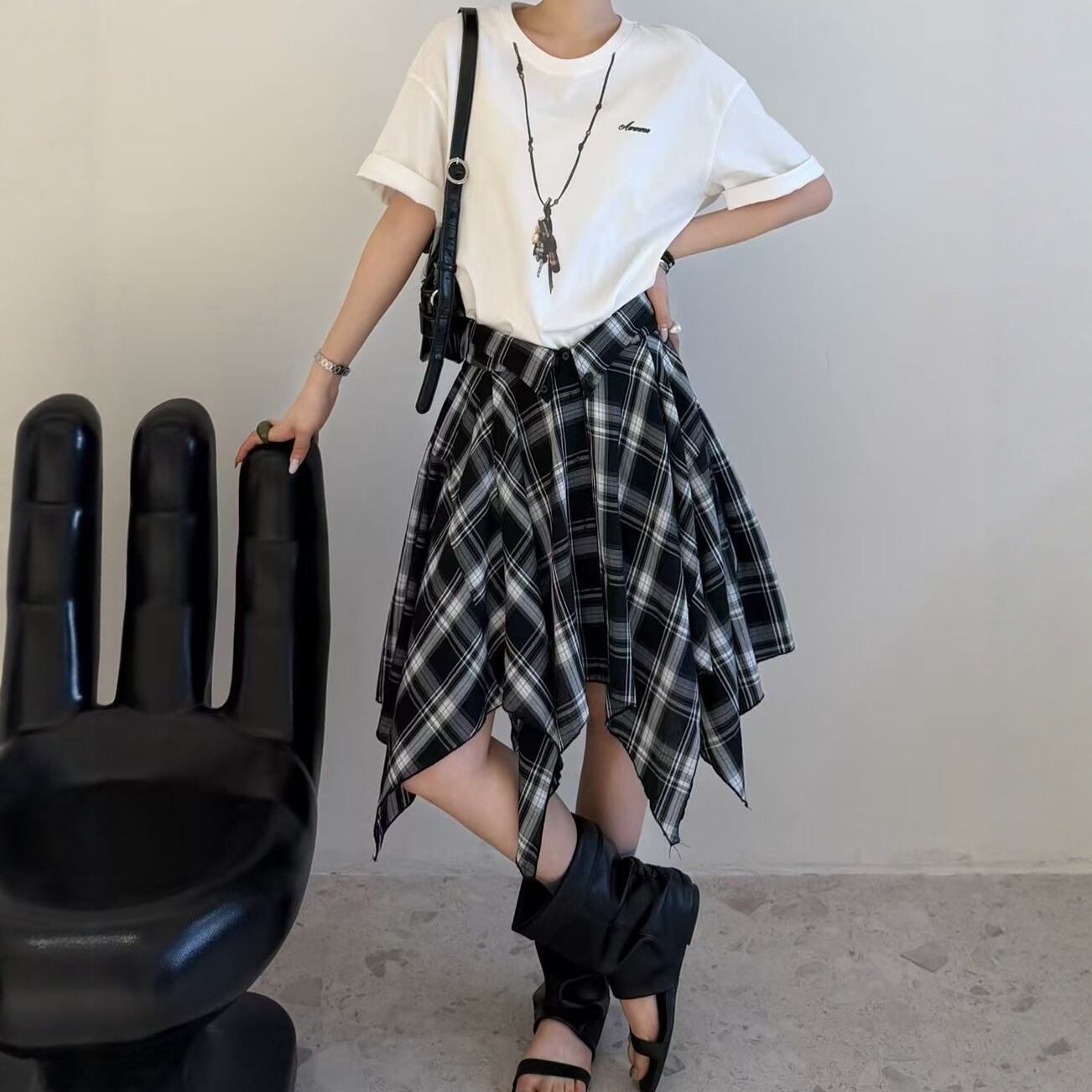 LM家高品  夏季新品时尚DIY多种穿法印花T裙复古格子半裙两件套