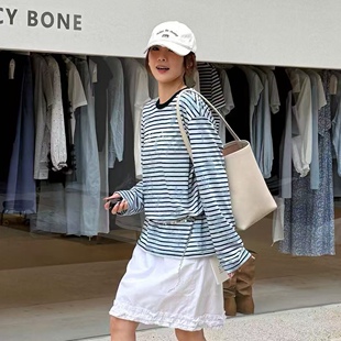 饰条纹长袖 休闲慵懒风定制提花面料钉珠装 T恤 春夏新品 LM家高品