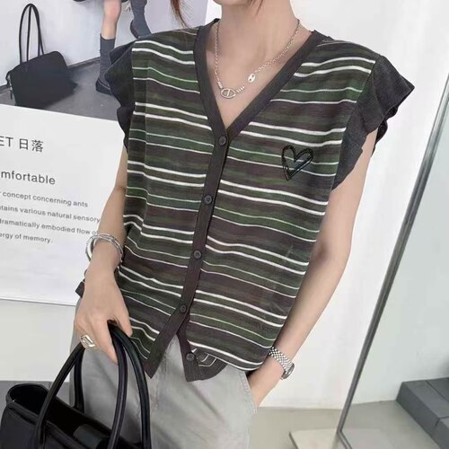 LM家高品  夏季新品韩系显瘦百搭复古撞色条纹V领飞飞袖针织开衫