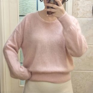 LM家高品  新年新衣温柔慵懒风领口珍珠装饰温绵羊毛拉毛毛衣