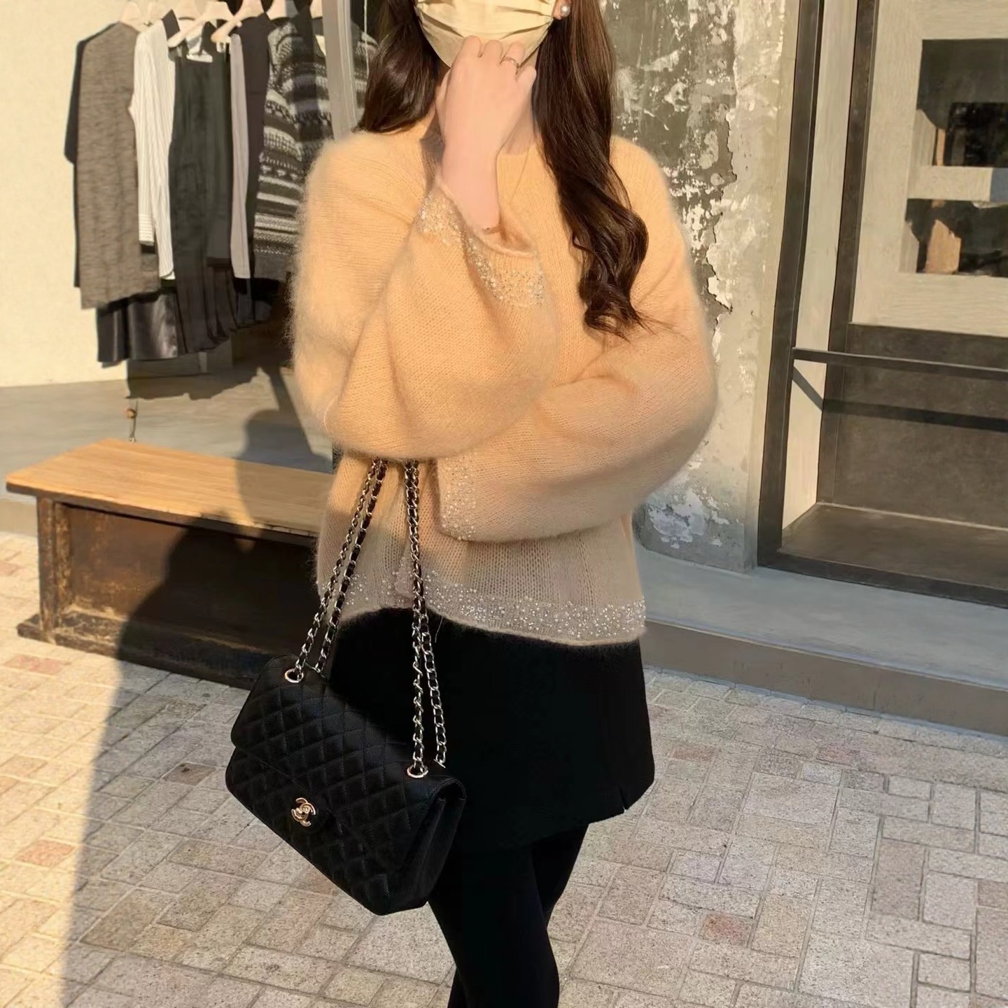 LM家高品  秋冬新品巨温柔法式慵懒风重工钉珠绵羊毛廓版毛衣