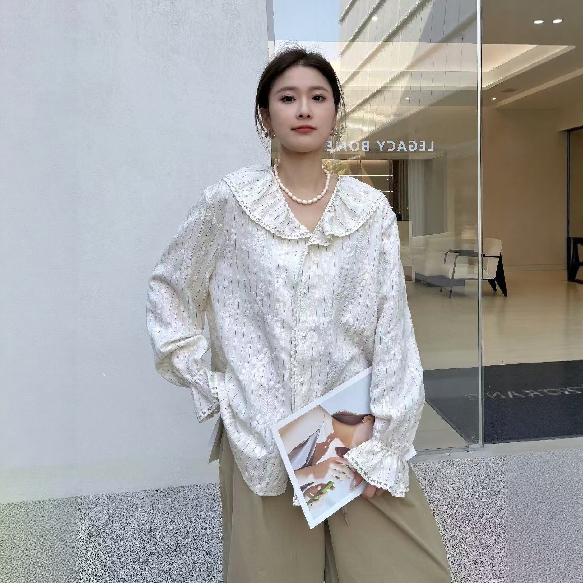 LM家高品 春季新品日系定制提花面料蕾丝荷叶条纹花边长袖衬衫