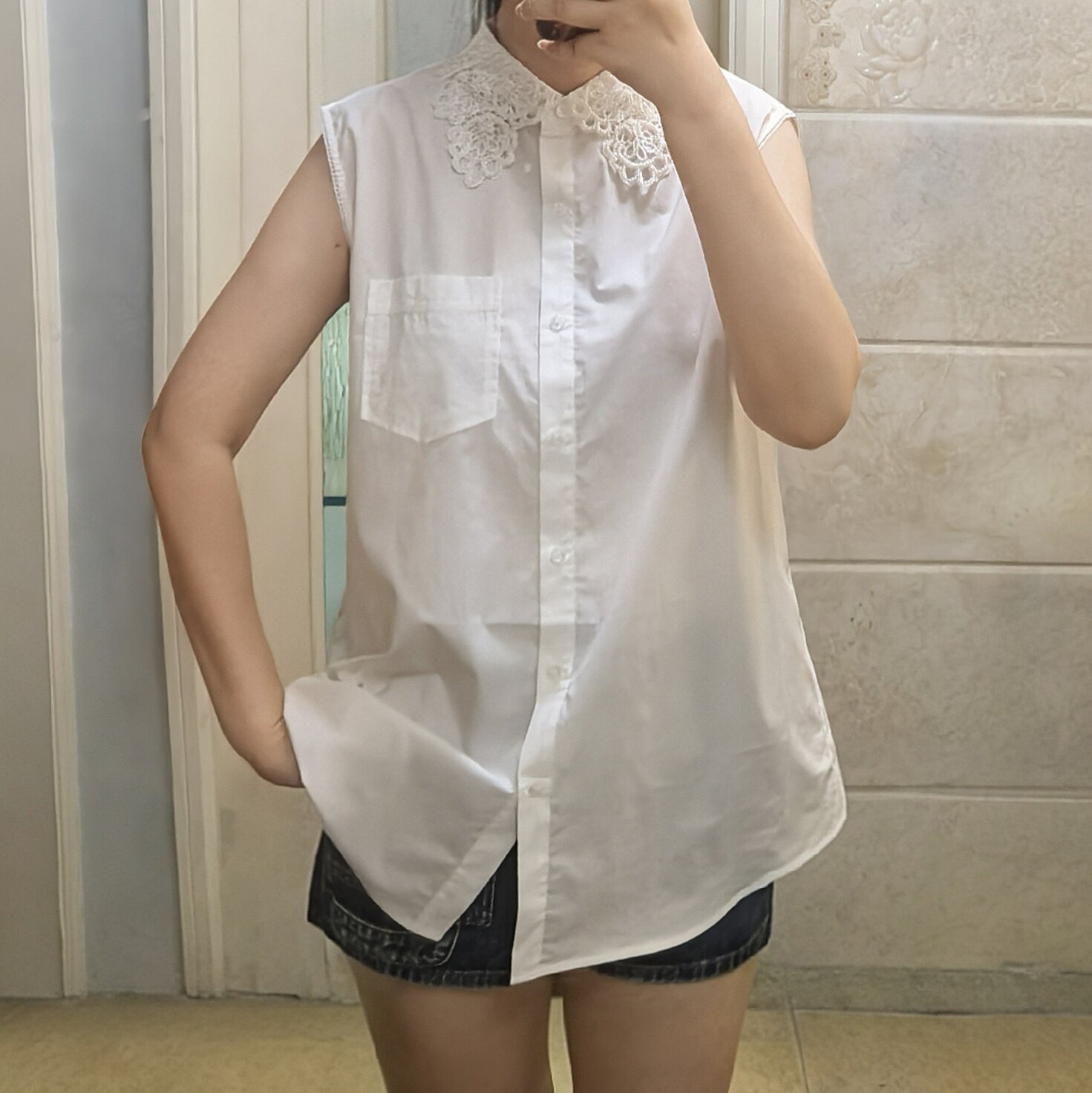 LM家高品 深圳高货法式甜美重工蕾丝珍珠领法式无袖长款衬衫