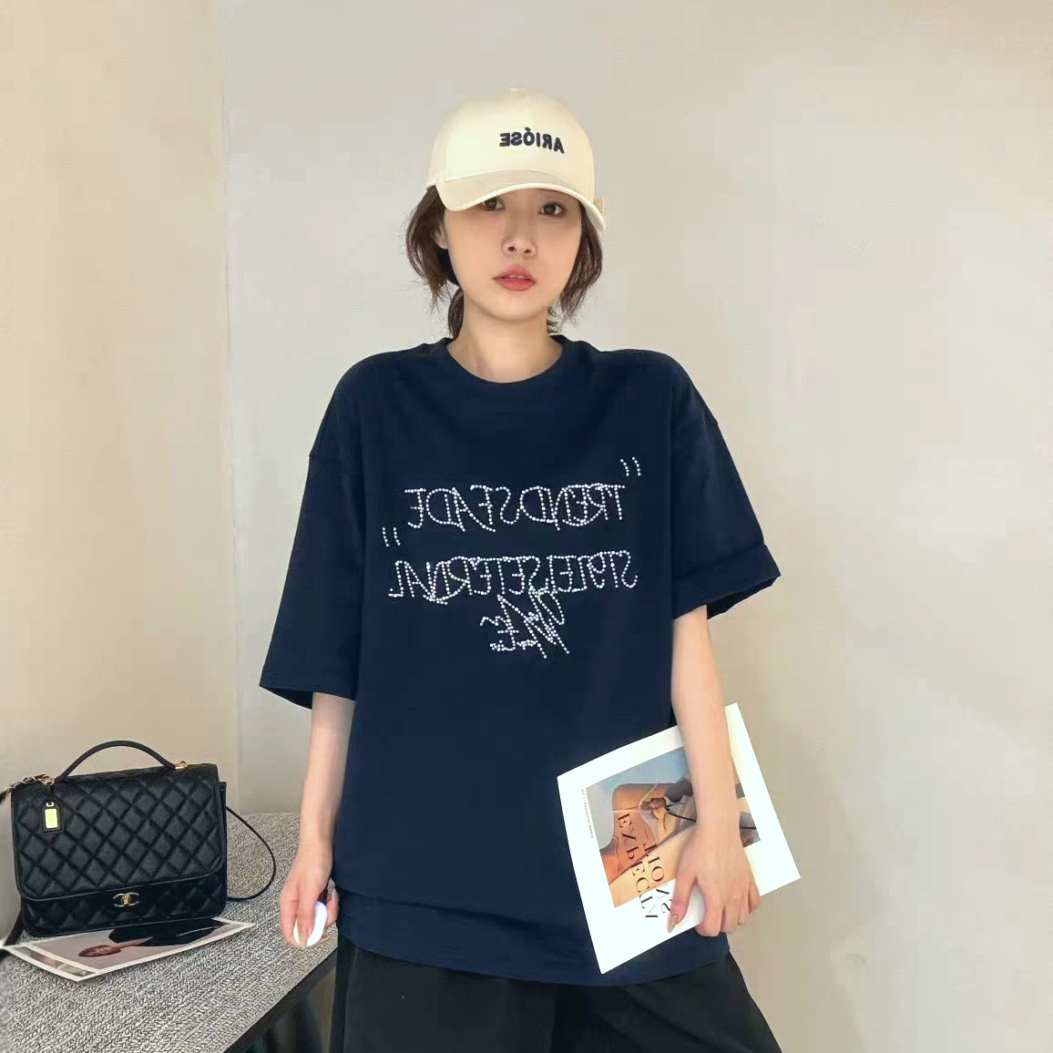 LM家高品  秋季新品慵懒风显瘦遮肉百搭重工钉珠字母欧版短袖T恤