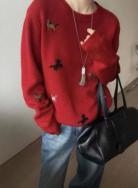 LM家高品  新年新衣马到成功款时尚百搭重工钉珠小马全羊毛毛衣