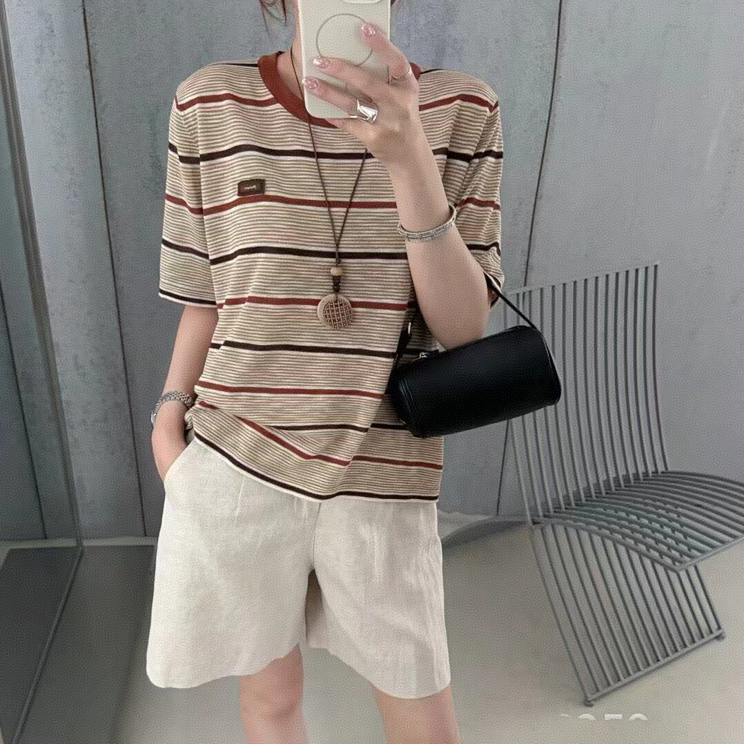 LM家高品 夏季新品美式时尚显瘦百搭复古条纹撞色项链短袖针织衫