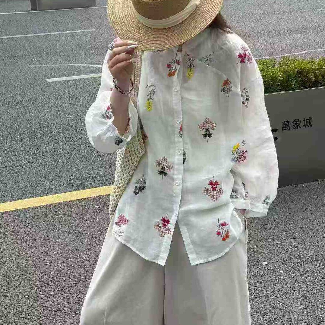 LM家高品 春夏新品浪漫田园度假风重工花朵刺绣立领苎麻防晒衬衫