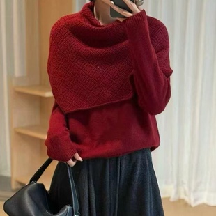 LM家高品  新年新衣慵懒氛围感可拆卸钩花高领披肩两件套亮丝毛衣