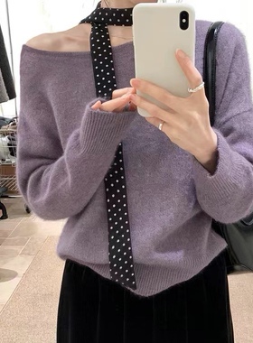 LM家高品  秋冬新品巨显瘦法式优雅风斜边开叉设计款丝带配饰毛衣