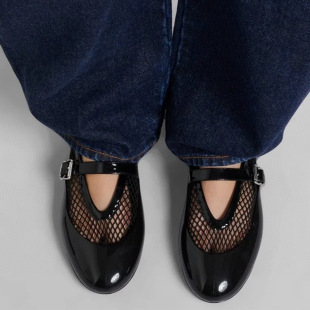 单鞋 2026新款 走秀真皮圆头拼色网面浅口平底一字扣带芭蕾舞鞋