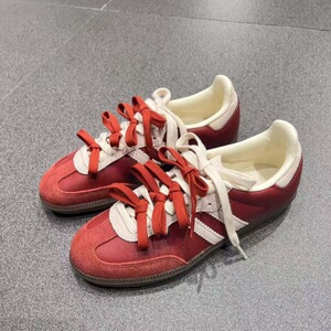 牛皮版~红色复古德训鞋女百搭拼色休闲运动鞋平底阿甘鞋真皮板鞋