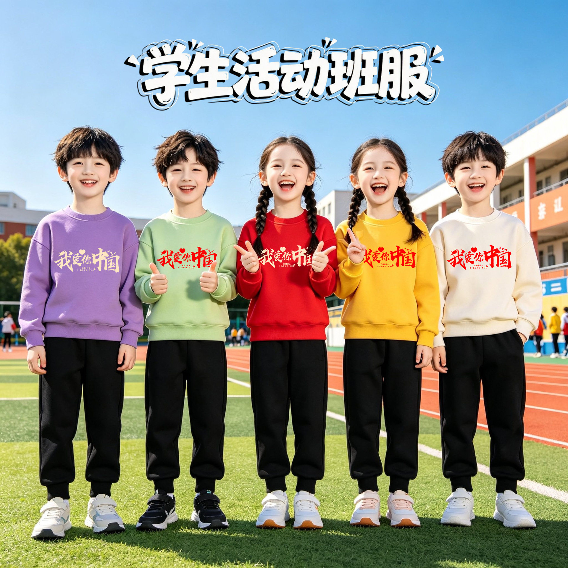 我爱你中国题材套装儿童演出服装男女同款亲子活动卫衣元旦红色潮