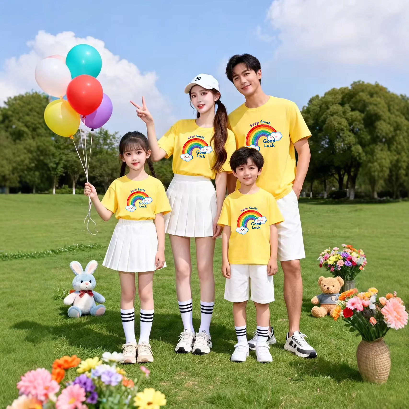 幼儿园中小学生亲子活动班服夏装短袖纯棉T恤彩虹上衣六一演出服
