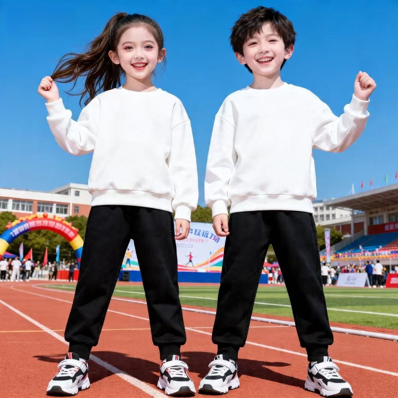 开学季儿童秋季套装卫衣中小学生运动会班服白衣服黑裤子幼儿园
