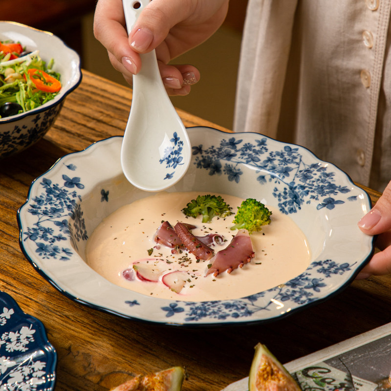 硕加中古风草帽盘青花瓷盘子菜盘高级感餐盘陶瓷深圆盘釉下彩餐具,餐饮具,盘,淘宝优惠券,粉丝福利购,淘宝优惠卷