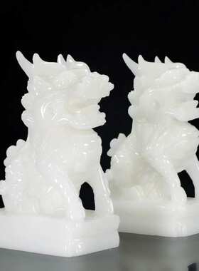 天然玉石麒麟摆件一对招财玄关客厅送乔迁子办公室开业贺礼玉麒麟