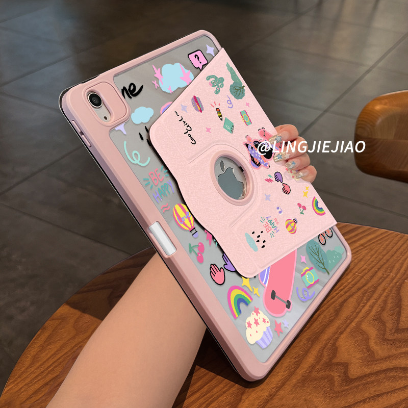 【720旋转x新品露标款】粉色涂鸦适用于ipadpro保护壳苹果2022新款air8/7/6可旋转2018亚克力平板套19/18全包