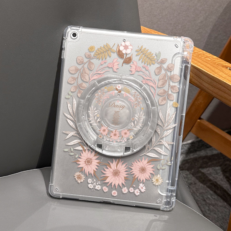 适用于ipad保护套粉色花圈苹果air5平板mini5/4高透单面2022新款pro11寸可旋转迷你6亚克力带支架2018/17复古