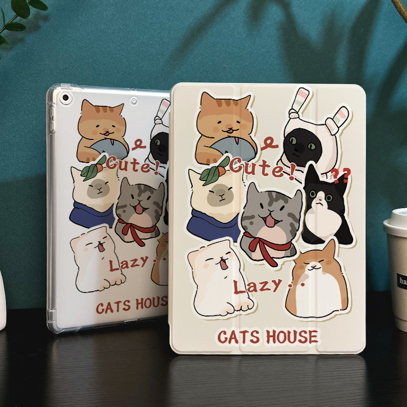 卡通猫咪派对适用于ipadmini6保护套2022新款pro12.9寸Air5苹果ipad平板保护壳pro11笔槽2018第10代三折防摔