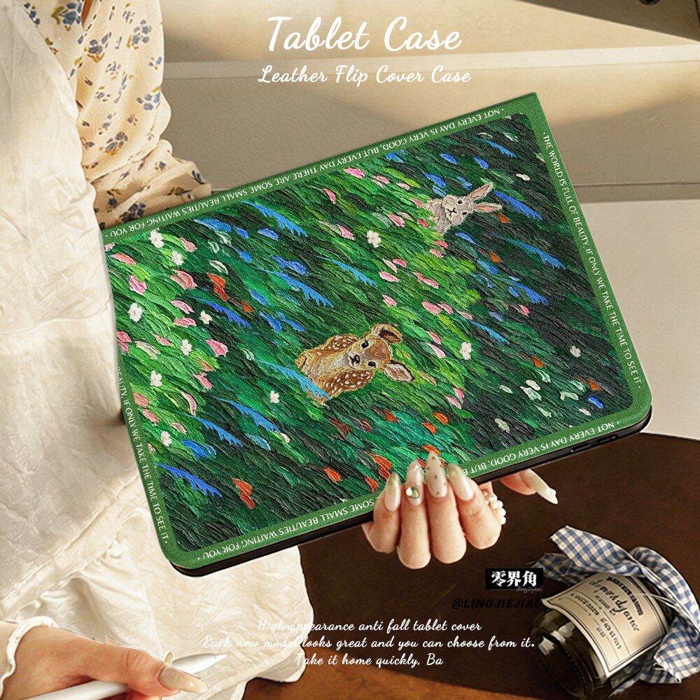 适用ipadpro保护壳油画小鹿2026新款iPad11平板套10.9寸苹果air6/7/8书本式mini7硅胶10.2防摔98十代2018笔槽