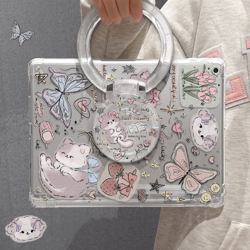 适用于ipad保护壳蝴蝶小猫mini6亚克力air5带支架2021第9代女2022新款平板套迷你5横竖10.2苹果旋转高透单面