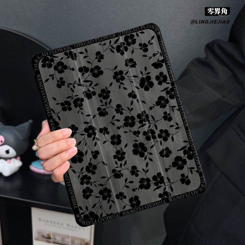 黑色花花适用于ipad10保护套air6/4/3平板壳2025苹果第九代13寸10代mini7三折硅胶ipadpro11/12.9寸带笔槽5女