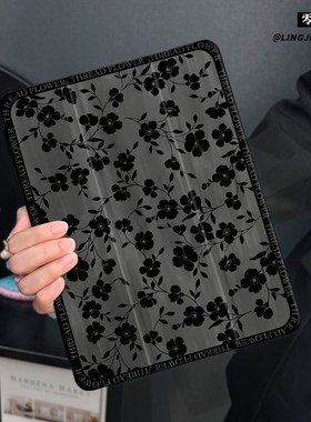 黑色花花适用于ipad10保护套air6/4/3平板壳2025苹果第九代13寸10代mini7三折硅胶ipadpro11/12.9寸带笔槽5女