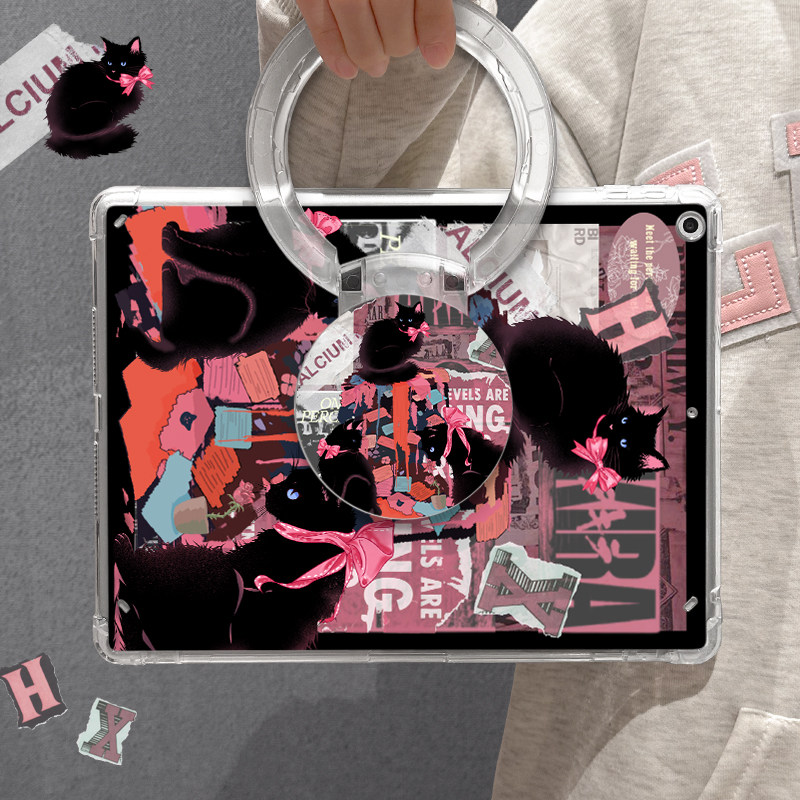 适用于ipad保护壳领结黑猫mini6亚克力air5带支架2021第9代女2022新款平板套迷你5横竖10.2苹果旋转高透单面