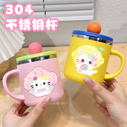 不锈钢带盖水杯可爱卡通高颜值情侣燕麦杯多功能洗漱杯直饮敞口杯